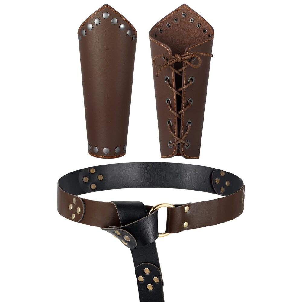 1574 3 Pcs Medieval Viking Belt Faux Leather Arm Guards Bracers